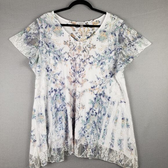 Avenue Size 18/20 Lace Overlay Flowy Top White Blue Floral Fairycore Whimsical - Picture 1 of 10